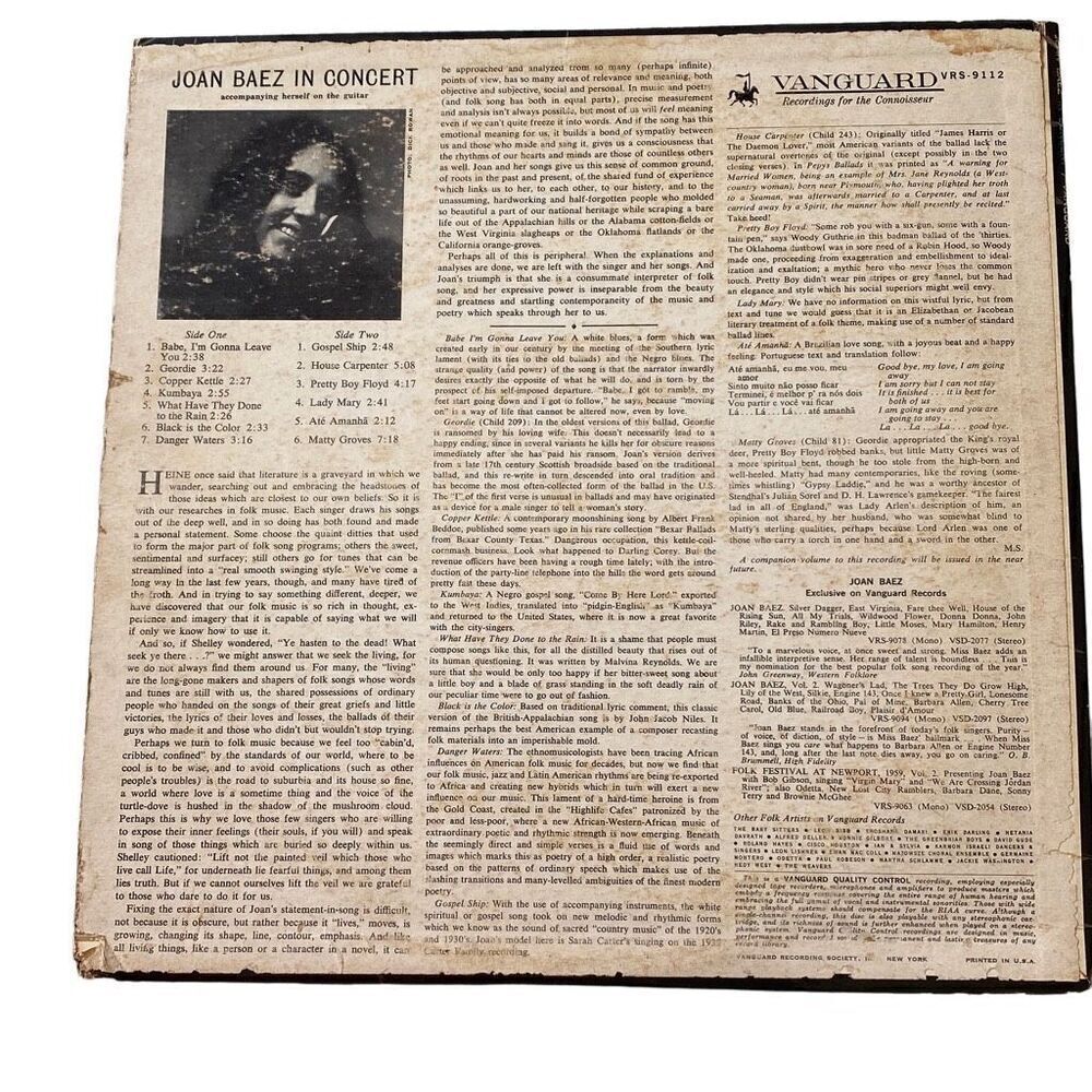 Joan Baez In Concert Vintage LP Vinyl Record 1962 Vanguard First Press G/G - Picture 2 of 7